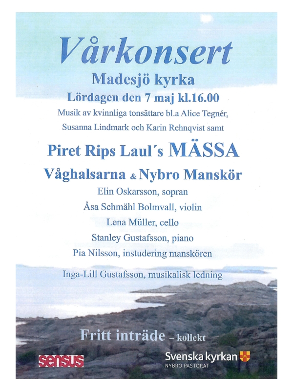 Affisch "Vårkonsert"
Bakgrund: foto klippkust, hav och ljusblå himmel.